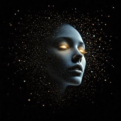 The primary subject of the image is a woman's face, which is the main focus of the image. The setting is a dark background, which contrasts with the woman's face. The visual style is a digital art or illustration, as the woman's face is depicted with a blue hue and surrounded by a starry background. The colors and mood of the image are predominantly dark and mysterious, with the woman's face being the only light source in the scene.